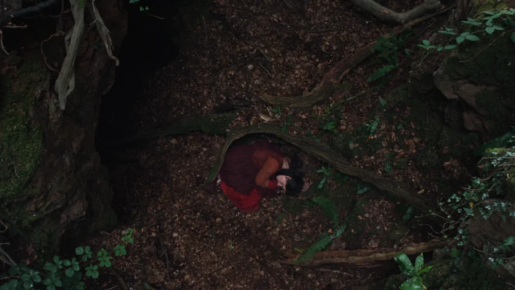 Agnes acurrucada entre las raíces del bosque en Hamnet (2025) dirigida por Chloé Zhao