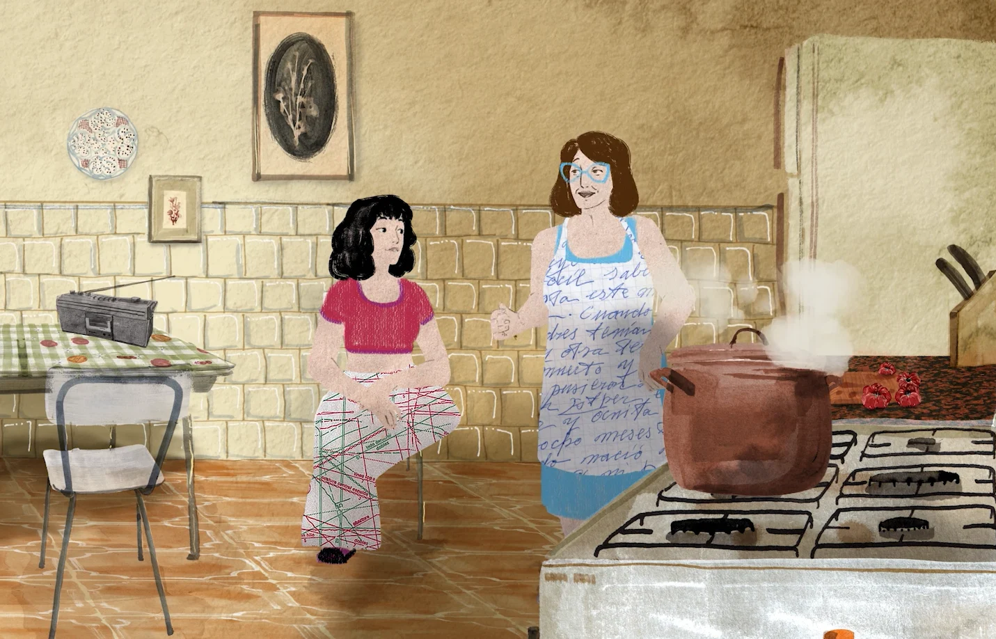 Escena animada de conversación entre generaciones en La Diva, mi Abuela y Yo