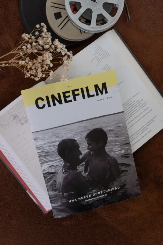 Portada de la revista CineFilm número 1 sobre fondo marrón con bobina de cine, libro y flores secas