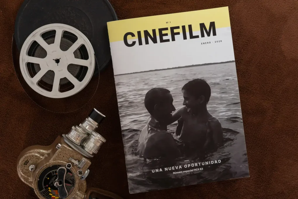 Portada de la revista CineFilm número 1 junto a una cámara antigua y una bobina de cine